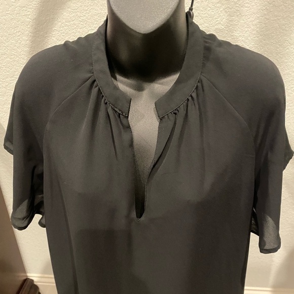 Gap Black flutter sleeve sheath dress, sheer w/liner, sz Small split v-neck neck - Picture 8 of 9